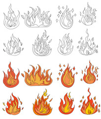 Extensive set of sixteen flame illustrations in varying styles, including detailed black outlines and vibrant colored versions in red, orange, and yellow, capturing diverse fire effects.