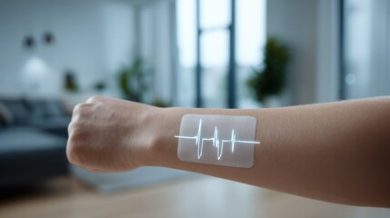 Sharp focus on a flexible biosensor patch detecting blood parameters on arm surrounded by a softly blurred home environment symbolizing remote health monitoring.