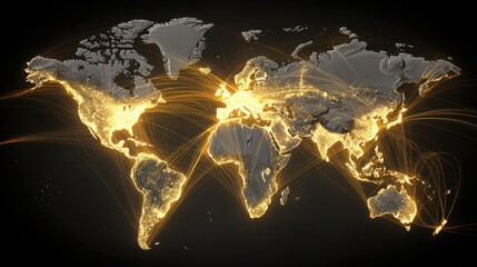 World map with bright yellow lines emanating from urban centers, set against a black background