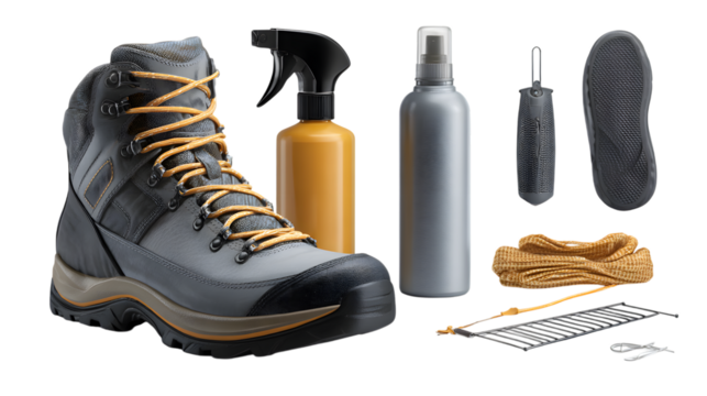 Adventure ready hiking boot with care kit for outdoor exploration and maintenance equipment gear ready