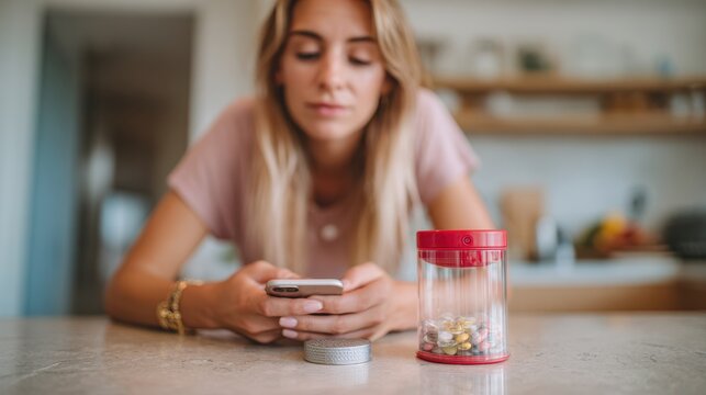 Medium shot of a woman checking her weekly vitamin deficiency pill organizer beside a GLP1 medication reminder device both focused with minimal background blur.