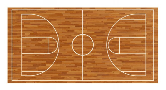 Professional basketball court hardwood floor aerial view showing full court markings with center circle and symmetrical three-point arcs