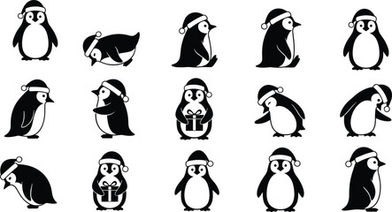 Christmas penguin poses, gift box illustrations, winter vector design, cute animal artwork, Santa hat penguins, holiday themed penguins, penguin Christmas clipart, festive cartoon , 