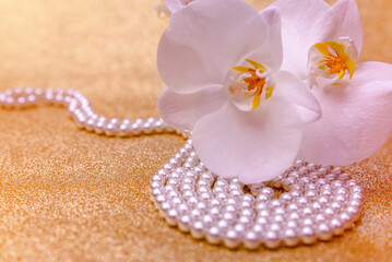A branch of white orchids on a shiny gold background
