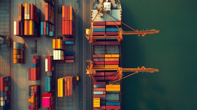 Aerial View of a Massive Cargo Ship Being Loaded with Shipping Containers at a Busy Port - Powered by Adobe