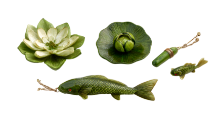 Elegant jade koi fish and lotus flower decorations evoke serene water garden tranquility and Asian luxury