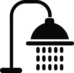 Black silhouette of a shower head with water droplets falling isolated on white background