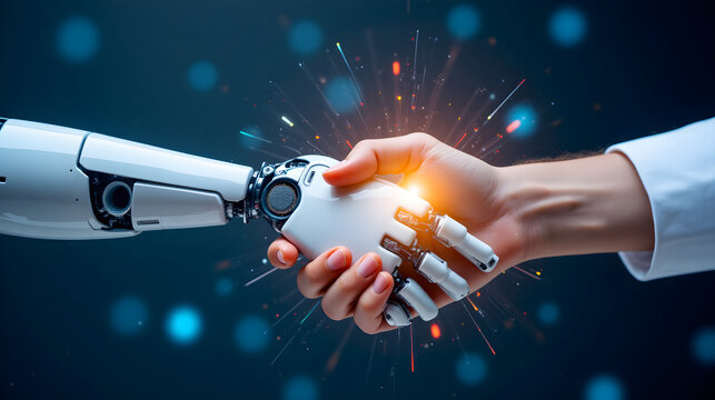 Menschliche Hand sch&uuml;ttelt Roboterhand mit Lichtstrahlen - Wallpaper Design - Harmonischer Hintergrund