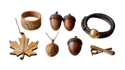 Discover unique handcrafted wooden accessories including maple leaf pendant, acorn charms, and leather bracelet. isolated on white background