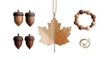 Discover natural elegance with wooden acorn charms, a maple leaf pendant, a beaded bracelet, and a sparkling ring. isolated on white background