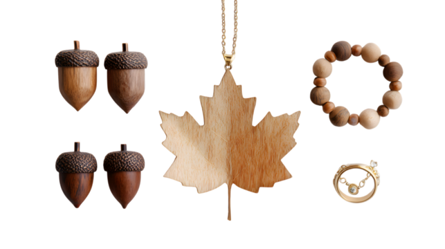 Discover natural elegance with wooden acorn charms, a maple leaf pendant, a beaded bracelet, and a sparkling ring. isolated on white background