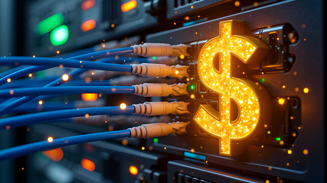 Leuchtendes Dollarzeichen mit Netzwerkkabeln im Server - Wallpaper Design - Harmonischer Hintergrund