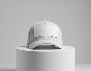 A white baseball cap with a blank rectangular patch sits on a white cylindrical pedestal against a light gray background.