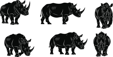 Rhinoceros illustration set, black and white, detailed texture, animal poses, wildlife art, horned mammal, side view, front view, sketch © Mind Art