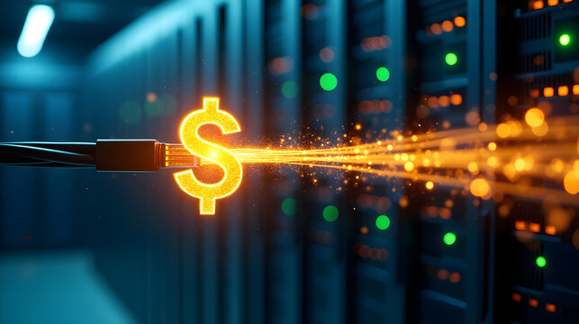 Gl&uuml;hendes Dollarzeichen flie&szlig;t aus Netzwerkkabel - Wallpaper Design - Harmonischer Hintergrund