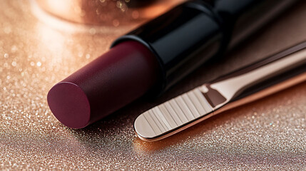 Burgundy lipstick and flat lip brush placed side by side on shimmering rose gold paper, slight glitter reflection and natural daylight highlight textures,
