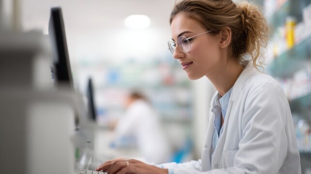 Pharmacist in medium shot carefully inputting patient data into Bayesian software for vancomycin dosing main focus on focused face background softly blurred.