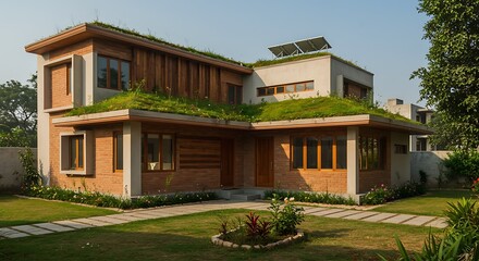 Obraz premium Modern India home exterior offering eco-friendly home with sustainable materials and green roofing
