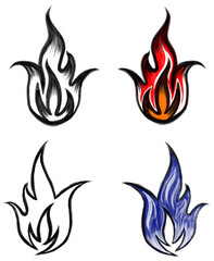 Dynamic flame vector illustration set with a clean outline and vibrant color variations, including red, blue, and a unique abstract black fill, perfect for digital art, logos, and graphic design.