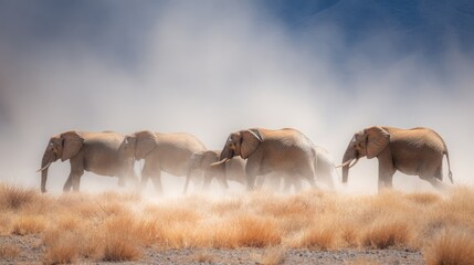 Elephants walk through grassy landscape enveloped in dust under a blue sky