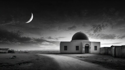 Fototapeta premium Monochrome shot of an architectural building beneath crescent moon and dramatic skies