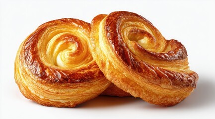 Fototapeta premium Two golden-brown, spiral-shaped pastries, close-up
