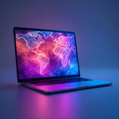 High-quality 3D render of an open modern laptop set against an abstract colorful world map backdrop