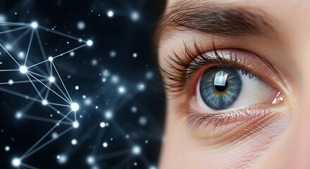 A striking close-up of a blue eye merged with digital network connections.