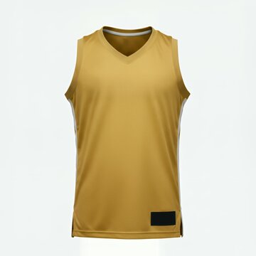 Bright yellow basketball jersey with white side panels and vneck trim, reversible athletic uniform mockup for team sports