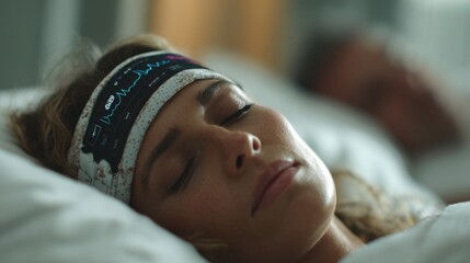 Medium shot focusing on the AI headbands digital interface displaying realtime brainwave analysis while the sleeping patient in the background remains softly out of focus.