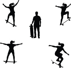 Silhouettes of skateboarders performing tricks, jumping, and riding, extreme sports lifestyle, urban skateboarding culture, dynamic poses, youth action photography, isolated background