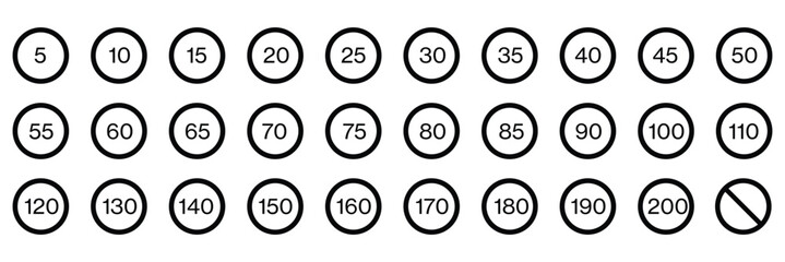 Speed limit 5 to 200km round road traffic icon sign flat style design vector illustration set isolated on white background. Circle standard road sign with number km/h in eps 10.Vector background .
