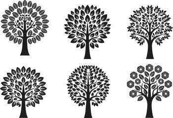 Stylized tree illustration set, black and white, decorative foliage, symmetrical design, artistic nature graphic, leaf shapes, vector silhouette