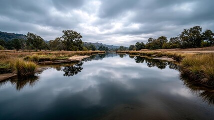 Serene River Reflections Under Cloudy Skies