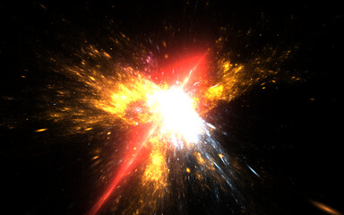 Leuchtende glühende interstellare Explosion, energiegeladene leuchtende Teilchen die Richtung Bildmitte gleiten, Forschung, Wissenschaft, Technologie, Weltall,
