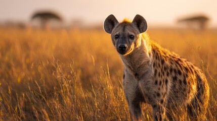 Obraz premium Hyena standing in grassy field with blurred trees under golden sunset light
