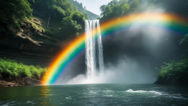 Powerful Waterfall and Rainbow over Dark Pool