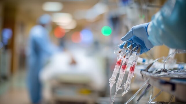 Medium shot of perfusionist holding ECMO circuit components near pediatric ICU bed sharp focus on intricate tubing and valves with softly defocused hospital bed and child in