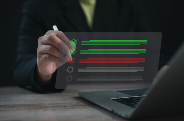 Digital checklist interface showing completed and failed tasks, symbolizing progress tracking, quality control, project management, and performance evaluation in modern business workflow.