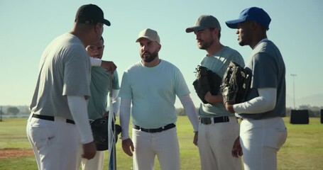 Grey-shirted player tapping bat and gesturing glove, motivating Diverse team huddle on grass field - Powered by Adobe