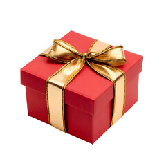 Fototapeta premium Elegant red gift box adorned with a gleaming gold ribbon PNG with a transparent background, perfect for luxurious gifting and festive celebrations.
