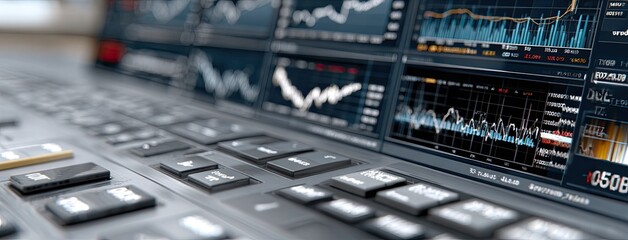 Focus on a striking trading dashboard featuring vivid graphs and numbers, highlighted by cinematic lighting and a sleek design