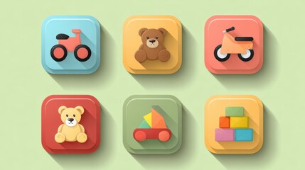 Collection of toy icons with flat, pastel illustrations and long shadows on light green