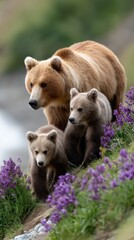 Fototapeta premium Mother bear and her two cubs walk gracefully along an alpine hillside, surrounded by blooming purple heather in a serene setting