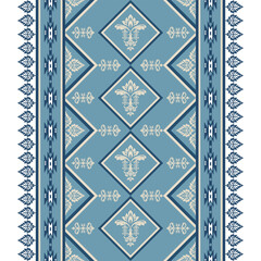 Geometric pattern design with blue and white diamond shape and floral elements, creating a seamless repeating design