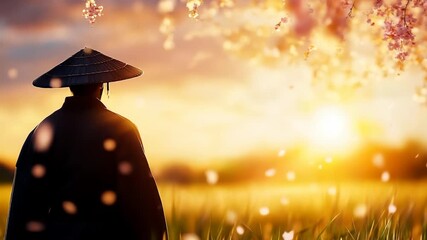 A lone ronins quiet moment in a field of falling cherry blossoms. - Powered by Adobe