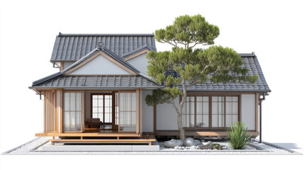 Fototapeta premium Japanese Style House, A minimalist 3D rendering of a Japanese-style house with clean lines, a traditional roof, and a small zen garden. Natural wood and gray tones. Isolated on a white background. 