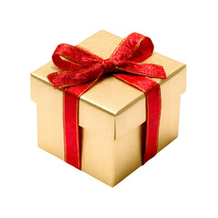 Obraz premium Gold gift box with a red ribbon PNG with a transparent background for luxurious and festive gifting occasions.