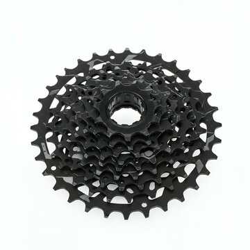 Detailed view of multi-speed bicycle cassette sprocket with black finish showing graduated gear teeth for professional cycling drivetrain systems