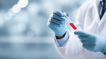 Scientist in lab coat and gloves handling test tube with red liquid, representing medical research, diagnostics and laboratory analysis in a sterile environment.
